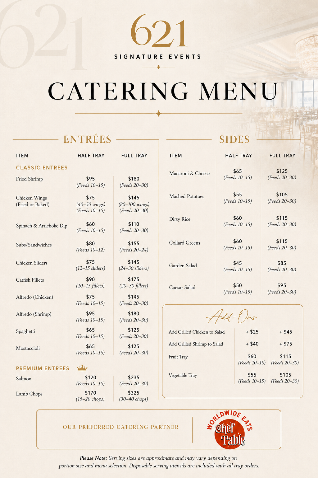 621 Signature Events catering menu featuring entrées, sides, and add-ons